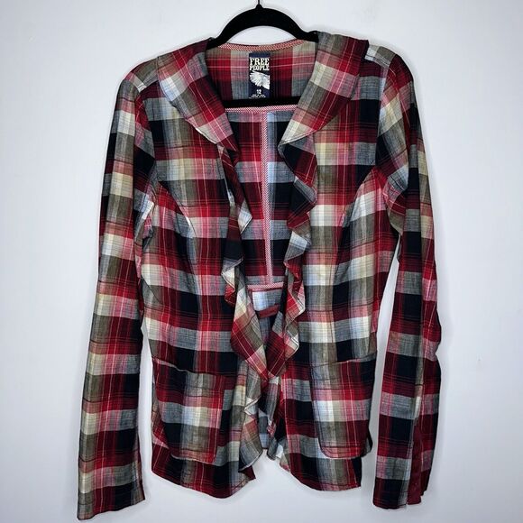 Free People Jackets & Blazers - Free People Women’s Liberty Plaid Ruffle Jacket Blazer Black Red Size 12